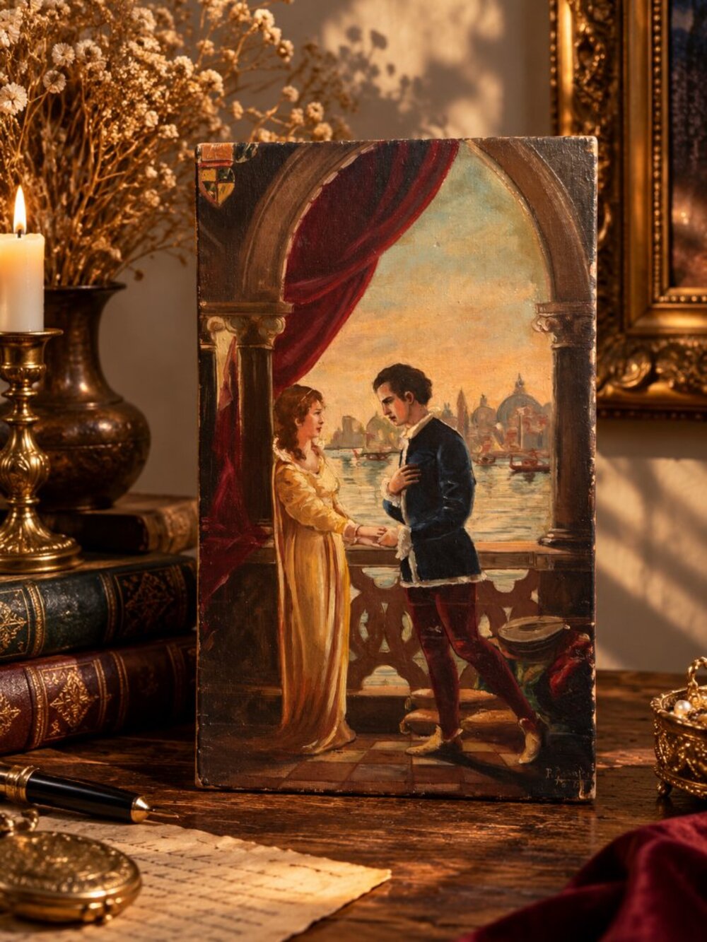Vintage Signed Oil Painting on Wood Panel Romantic Venice Scene